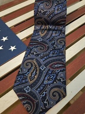 Pierre Cardin Navy Paisley Silk Tie with Gold & Burgundy Accents